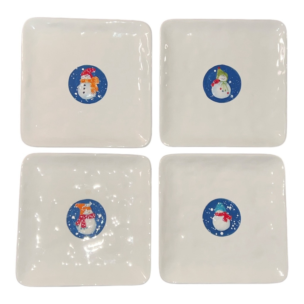 St. Nicholas Square Snowman Plates Set of 4 White Blue